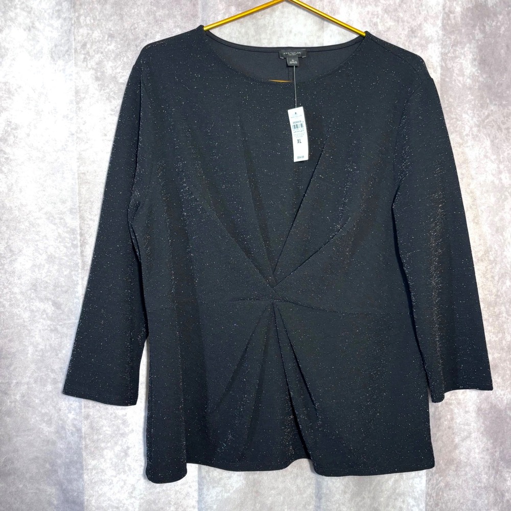 NWT Ann Taylor Twist Front Shimmer Top Womens XL Black Sparkle Party Festive